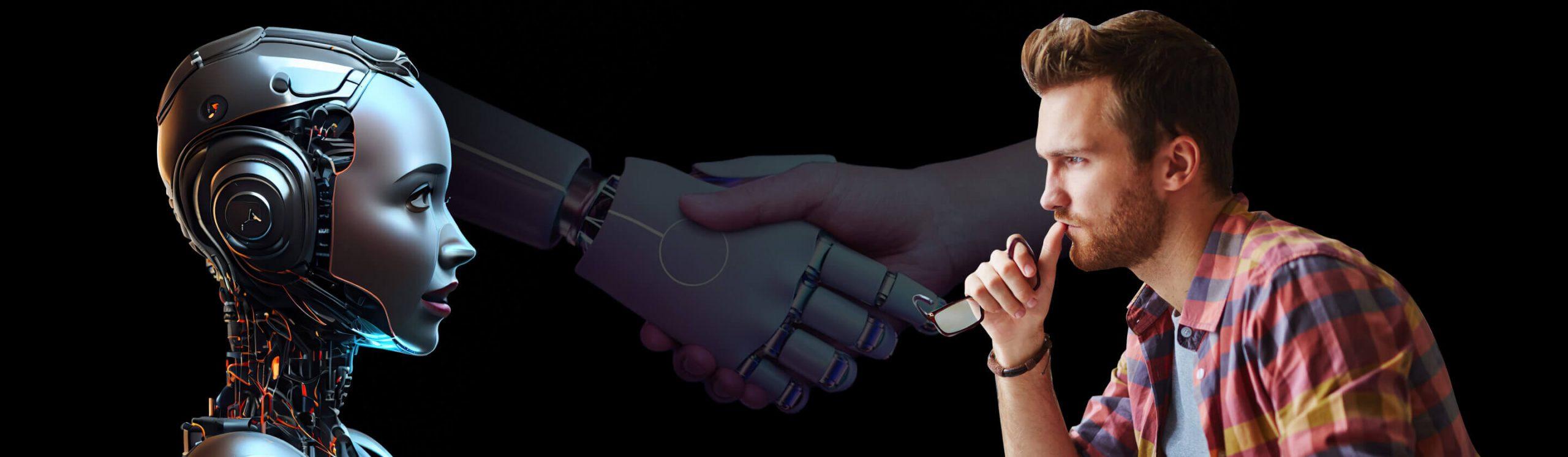 Ai robot & a human designer facing each other